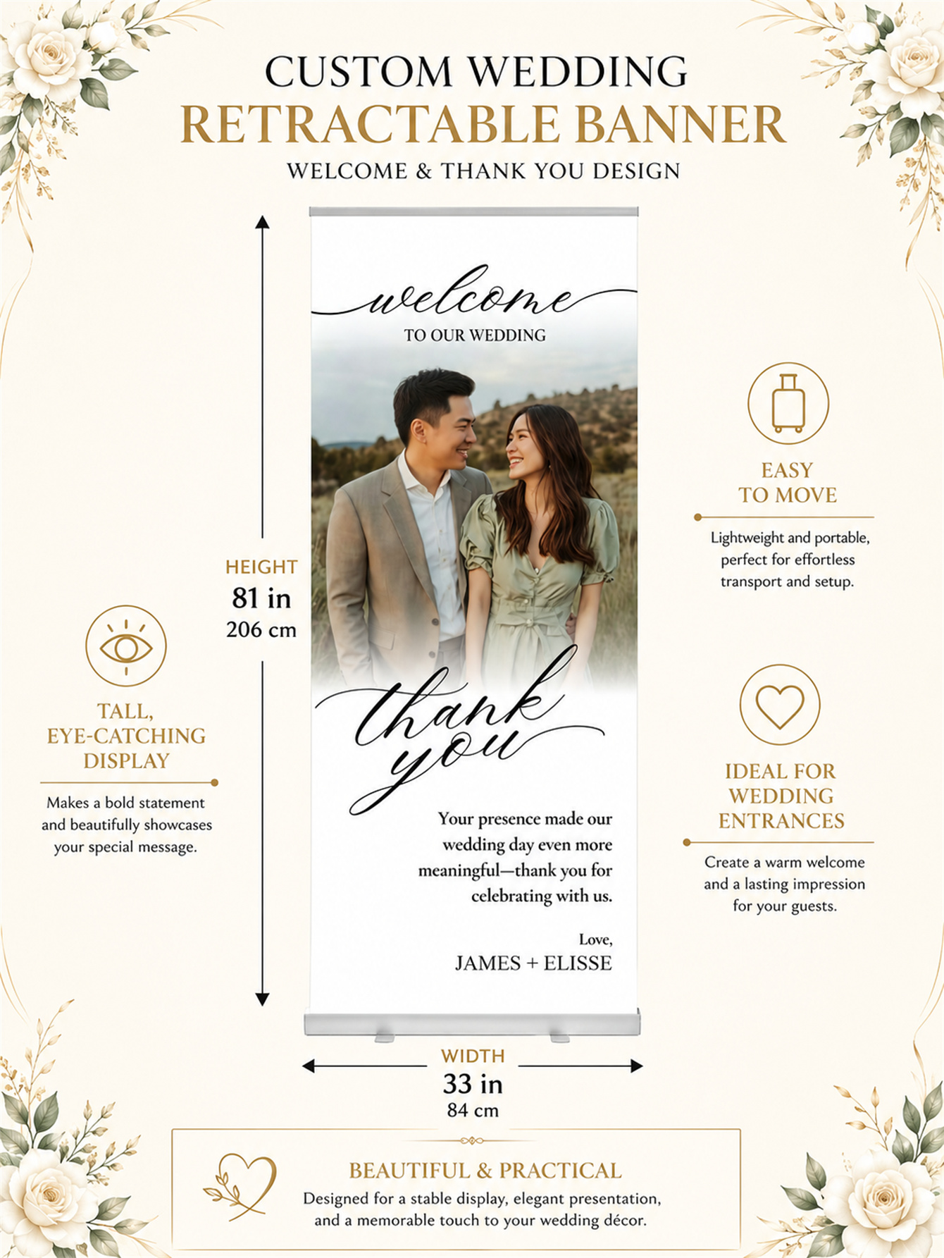 婚礼定制伸缩横幅 – 个性化婚礼欢迎牌、接待装饰和背景幕布